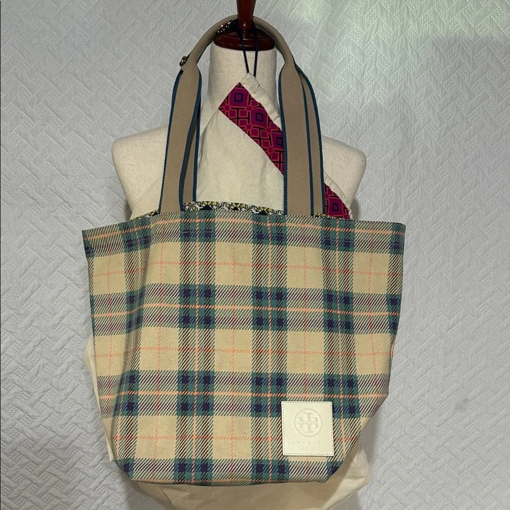 Tory Burch Beige and Blue Checkered Tote With Large Dust Bag - Picture 1 of 6